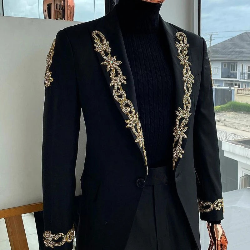 Black Men's Suits Tailored 2 Pieces Blazer Pants One Button Peaked Lapel Wedding Formal Appliques Beads Custom Made Plus Size