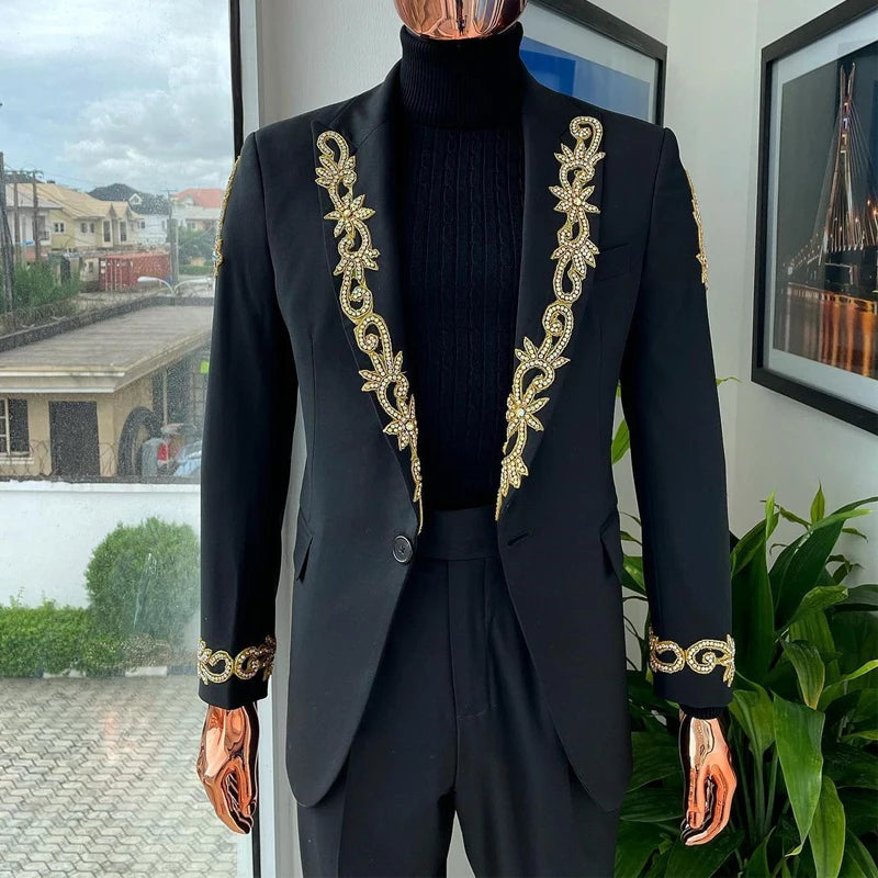 Trajes de hombre negros a medida, 2 piezas, blazer, pantalón, un botón, solapa de pico, para boda, formal, apliques de cuentas, hecho a medida, talla grande 