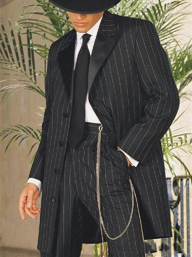 Trajes de hombre negros a medida, 2 piezas, blazer largo, pantalón, solapa de pico, botonadura sencilla, raya diplomática, para boda, novio, hecho a medida, talla grande 
