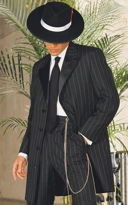 Black Men's Suits Tailored 2 Pieces Long Blazer Pants Peaked Lapel Single Breasted Pinstripe Wedding Groom Custom Made Plus Size