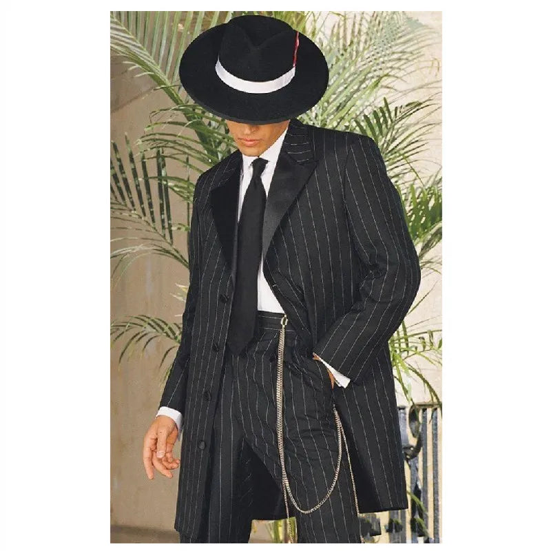 Trajes de hombre negros a medida, 2 piezas, blazer largo, pantalón, solapa de pico, botonadura sencilla, raya diplomática, para boda, novio, hecho a medida, talla grande 
