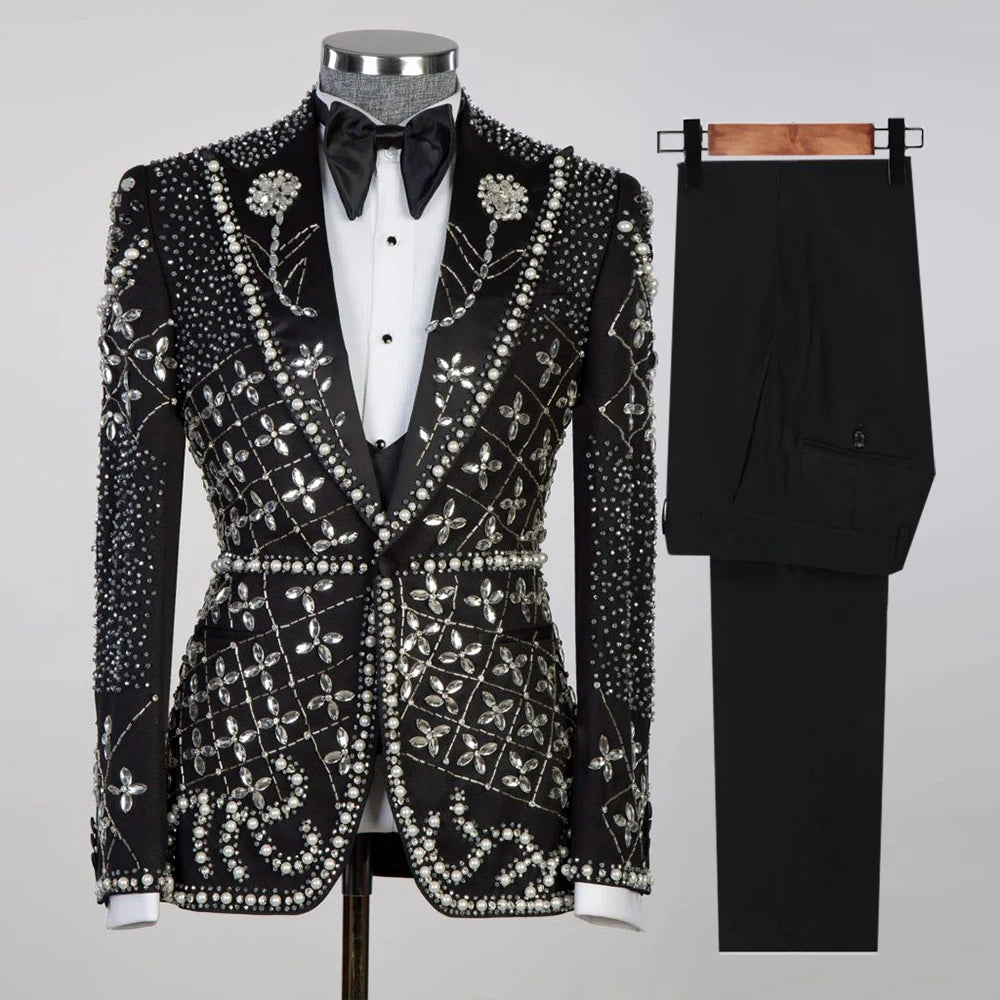 Men's Black Beaded Embroidered Blazer with Tuxedo Bow Tie and Pants Set Formal Wear