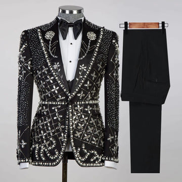Men's Black Beaded Embroidered Blazer with Tuxedo Bow Tie and Pants Set Formal Wear