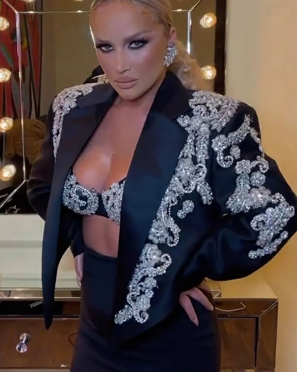 Costume blazer noir pour femme, 3 pièces, avec appliques de perles, tenue de soirée, smoking, tenue de cérémonie pour la mère de la mariée 