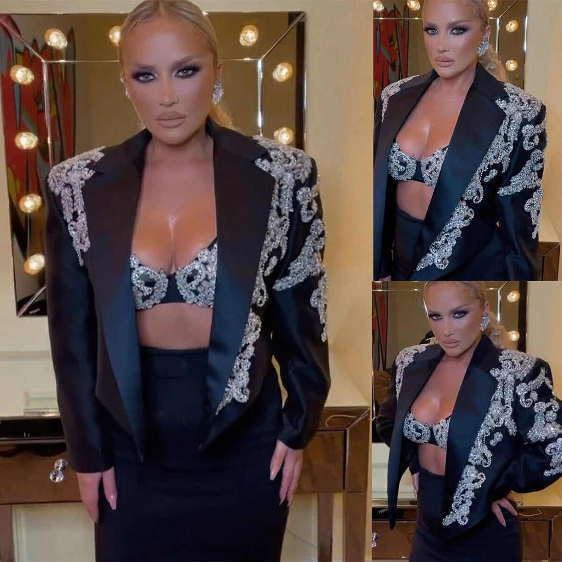 Costume blazer noir pour femme, 3 pièces, avec appliques de perles, tenue de soirée, smoking, tenue de cérémonie pour la mère de la mariée 