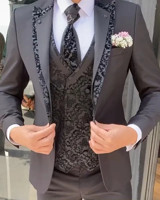 Black Pattern Mens Tuxedos Groom Wear One Button Wedding Pants Suits Business Prom Party Blazer Jacket 3 Pieces