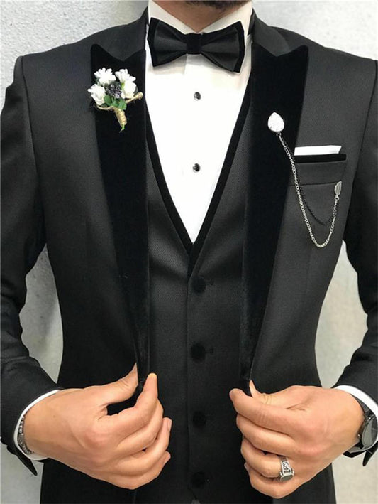 Ensemble de costumes pour hommes, blazer noir à revers pointus, pantalon, cravate, gilet, tenue de mariage, de bal, de dîner, 3 pièces (veste, pantalon, cravate) 