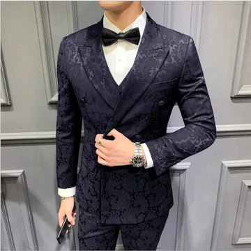 Black Peak Lapel Jacquard Costume Homme Men Suits 3 Pieces Groom Wedding Terno Masculino Slim Fit Blazer Jacket+Pant+Vest