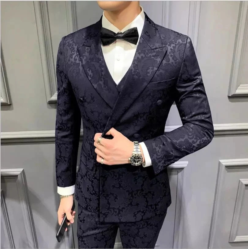 Traje de 3 piezas de Jacquard con solapa de pico negro para hombre, traje de novio para boda, chaqueta, pantalón y chaleco ajustados.