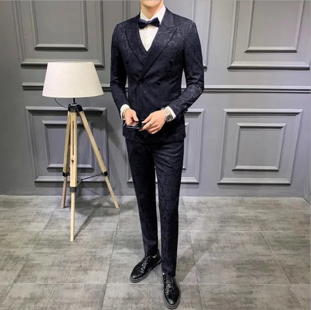 Traje de 3 piezas de Jacquard con solapa de pico negro para hombre, traje de novio para boda, chaqueta, pantalón y chaleco ajustados.