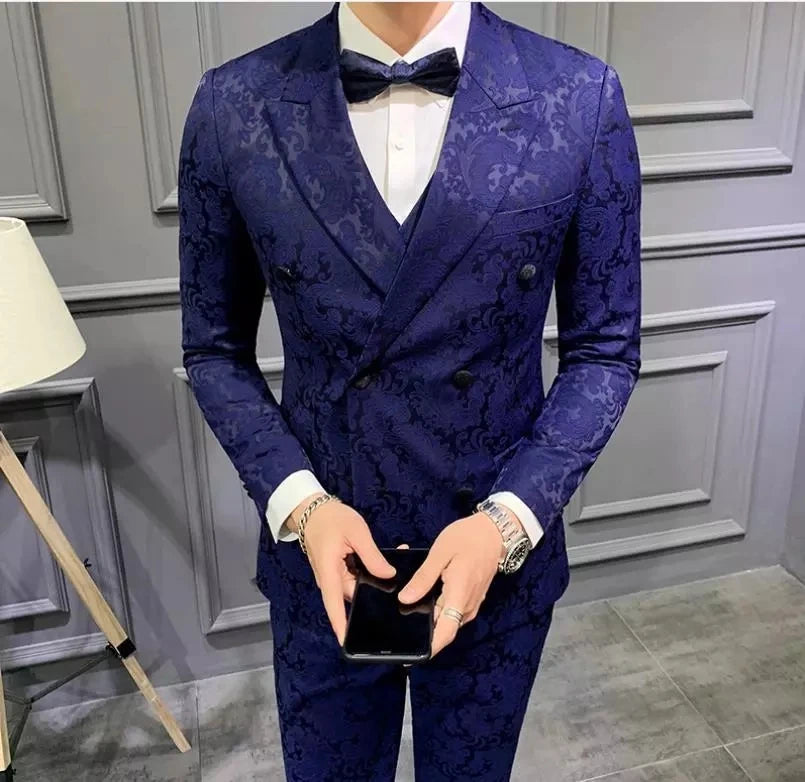 Traje de 3 piezas de Jacquard con solapa de pico negro para hombre, traje de novio para boda, chaqueta, pantalón y chaleco ajustados.