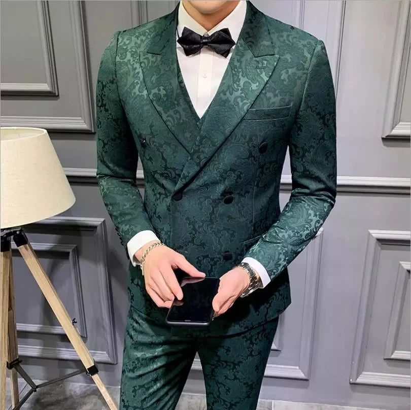 Traje de 3 piezas de Jacquard con solapa de pico negro para hombre, traje de novio para boda, chaqueta, pantalón y chaleco ajustados.