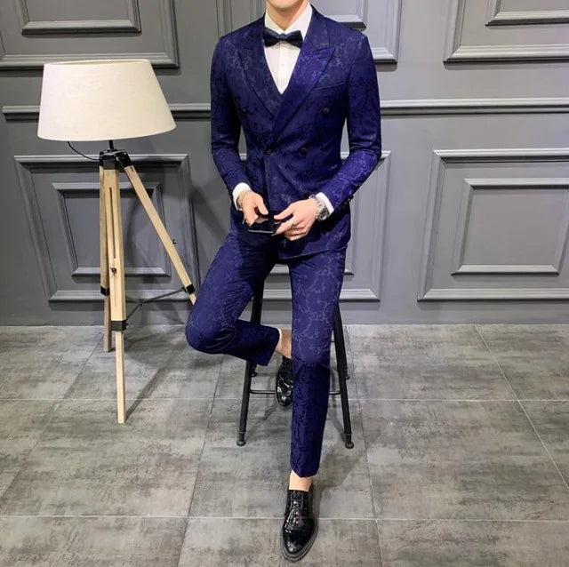 Traje de 3 piezas de Jacquard con solapa de pico negro para hombre, traje de novio para boda, chaqueta, pantalón y chaleco ajustados.