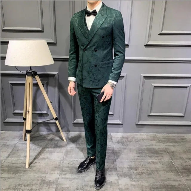 Traje de 3 piezas de Jacquard con solapa de pico negro para hombre, traje de novio para boda, chaqueta, pantalón y chaleco ajustados.