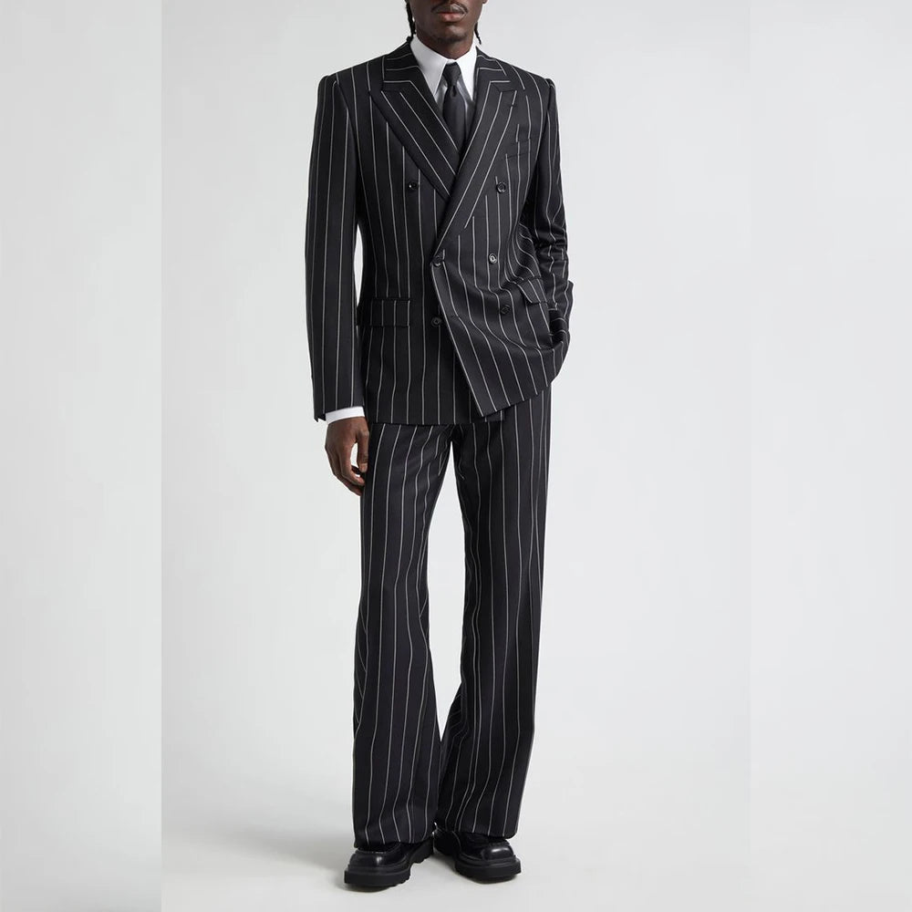 Costume homme noir à rayures fines, croisé, revers en pointe, haute qualité, 2 pièces, veste et pantalon, ensemble complet, blazer de mariage élégant