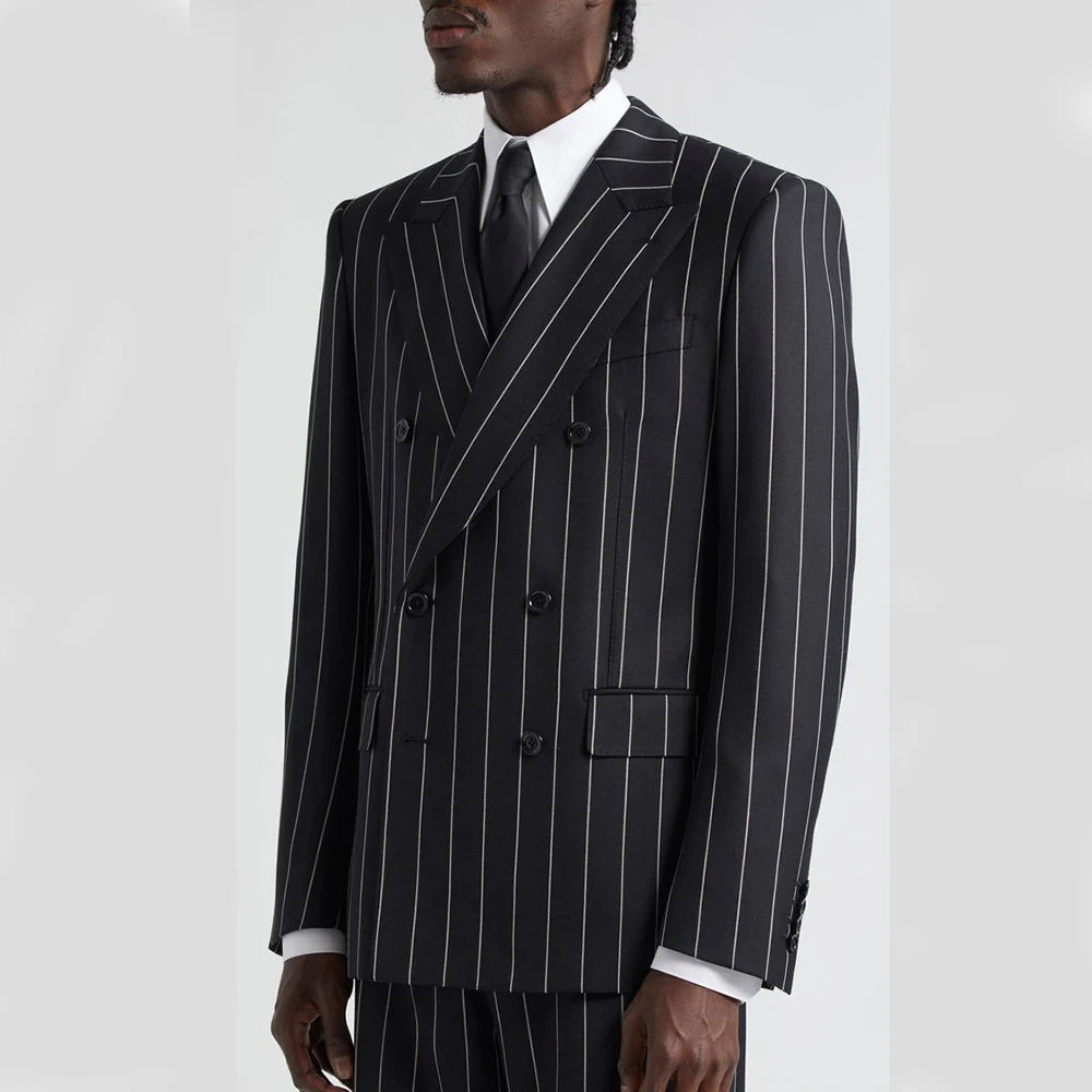 Costume homme noir à rayures fines, croisé, revers en pointe, haute qualité, 2 pièces, veste et pantalon, ensemble complet, blazer de mariage élégant