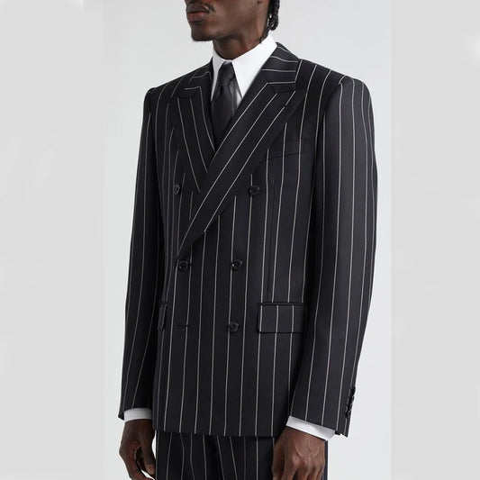 Black Pinstripe Men's Suits Double Breasted Peak Lapel High Quality 2 Piece Jacket Pants Full Sets Elegant Wedding Blazer