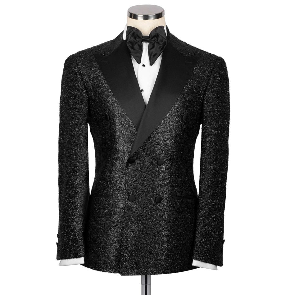 Costume de mariage noir à paillettes avec col en satin, costume de marié formel noir pour homme, coupe slim, blazer et pantalon, tenue d'affaires 