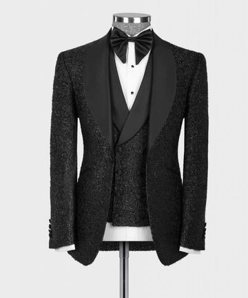 Black Satin Collar Glitter Wedding Tuxedo Black Formal Groom Men Suits Slim fit 3PCS Blazer Vest Pants Business Wear Male Suit