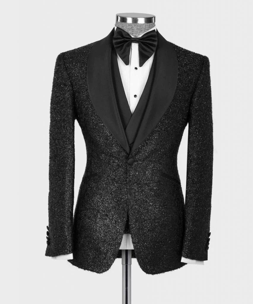 Black Satin Collar Glitter Wedding Tuxedo Black Formal Groom Men Suits Slim fit 3PCS Blazer Vest Pants Business Wear Male Suit