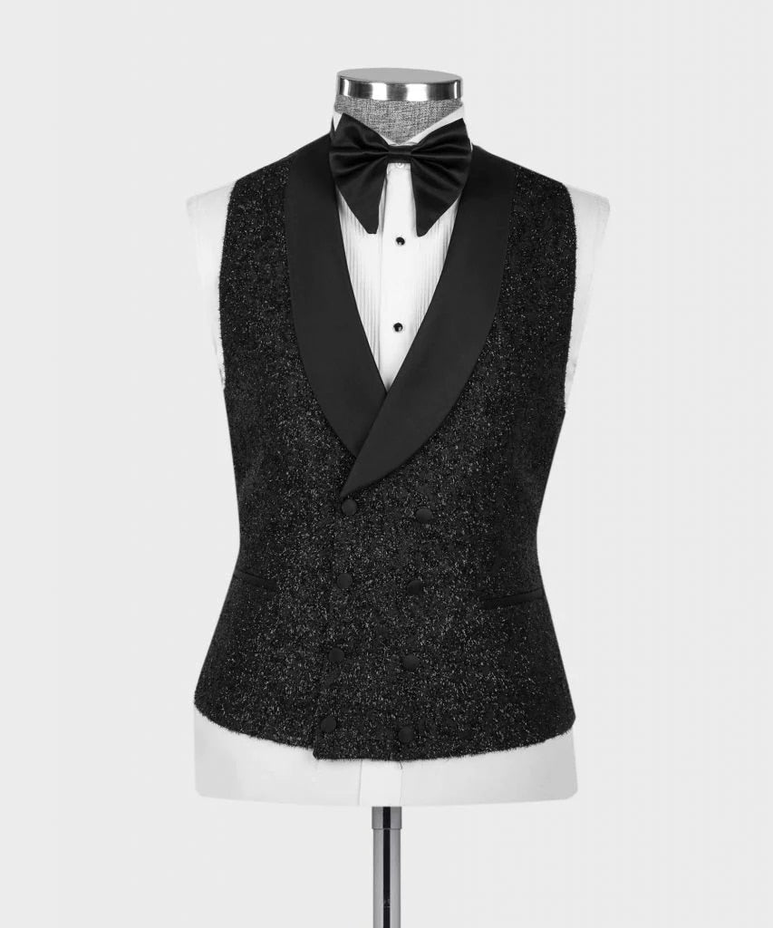 Black Satin Collar Glitter Wedding Tuxedo Black Formal Groom Men Suits Slim fit 3PCS Blazer Vest Pants Business Wear Male Suit