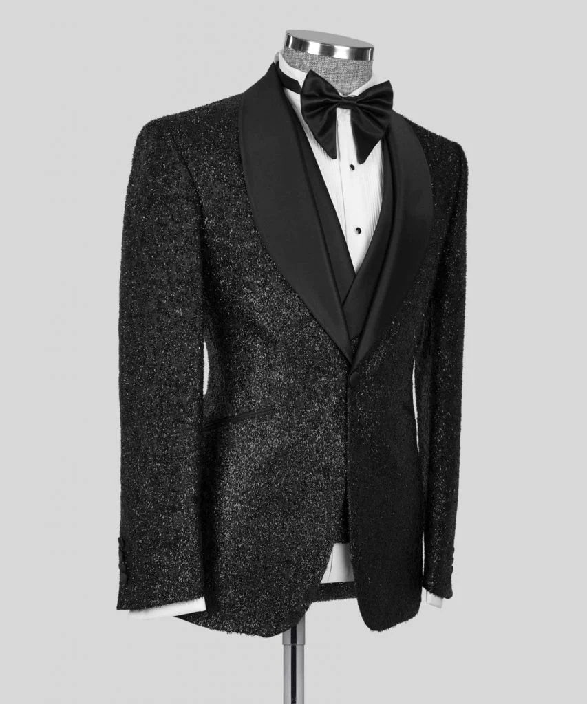 Black Satin Collar Glitter Wedding Tuxedo Black Formal Groom Men Suits Slim fit 3PCS Blazer Vest Pants Business Wear Male Suit