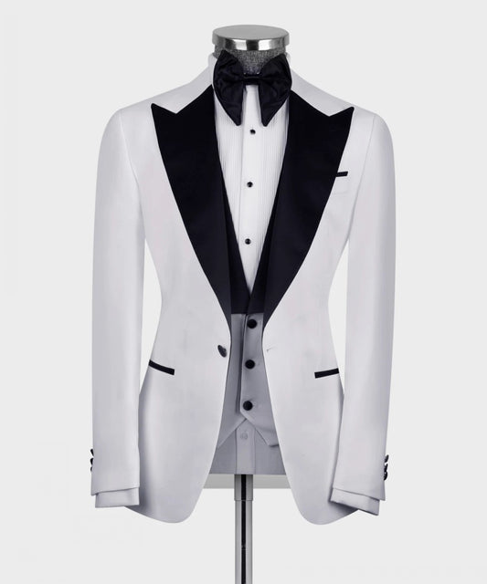 Costume de mariage 3 pièces pour homme, col en satin noir, smoking blanc, blazer, pantalon, costume de soirée formel pour homme 