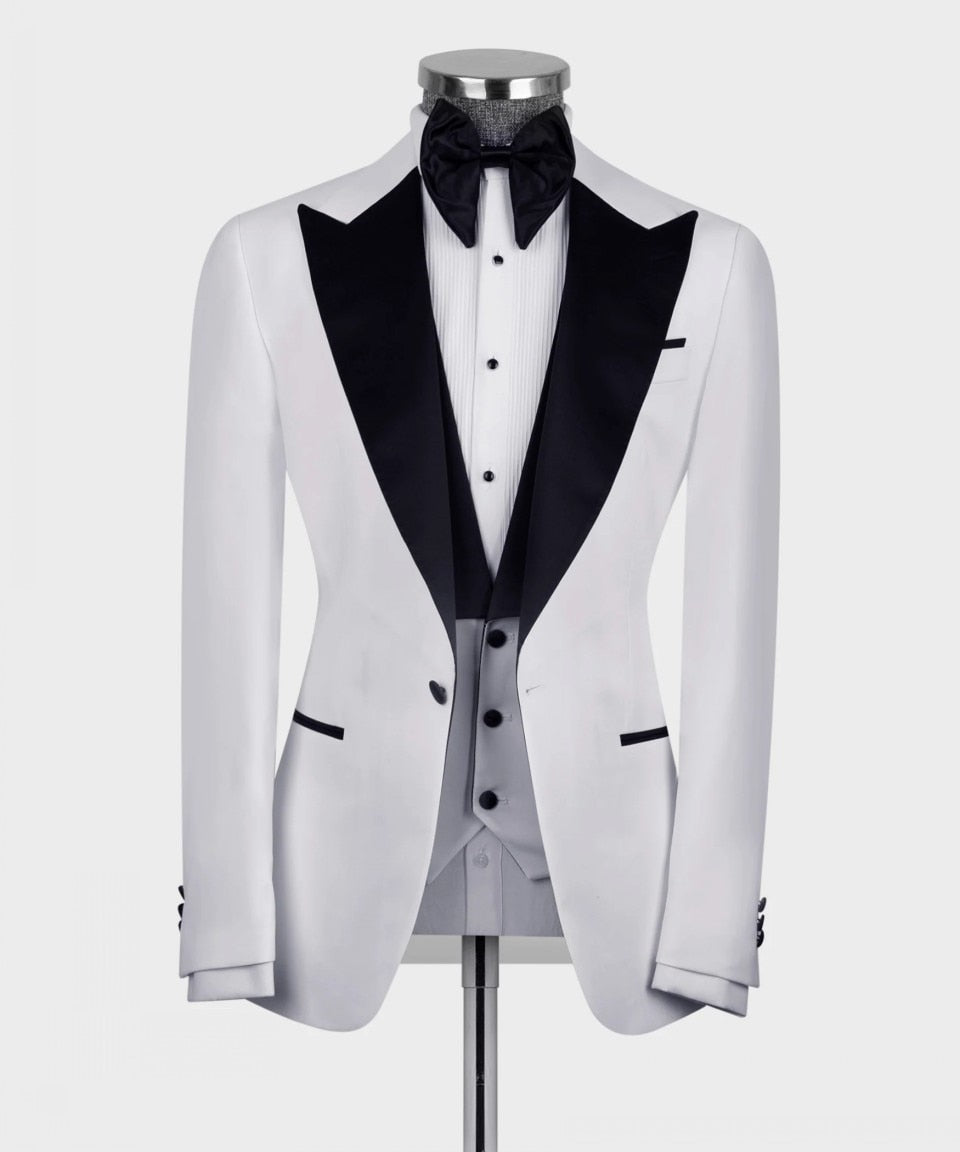 Costume de mariage 3 pièces pour homme, col en satin noir, smoking blanc, blazer, pantalon, costume de soirée formel pour homme 