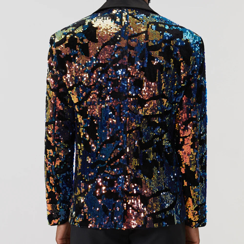 Veste de costume noire à paillettes et col châle pour homme, à un bouton, scintillante, pour discothèque, bal, DJ, vêtements de scène pour chanteurs