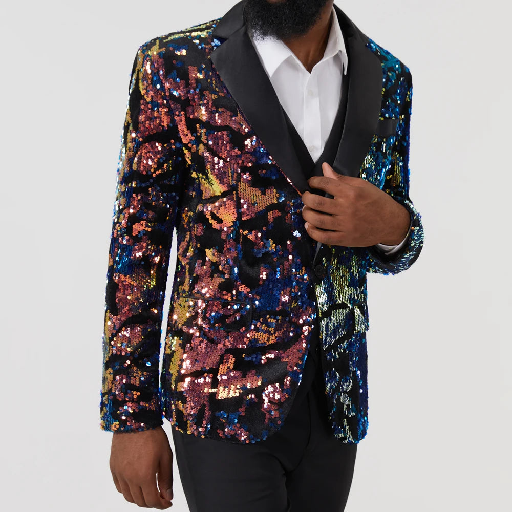 Veste de costume noire à paillettes et col châle pour homme, à un bouton, scintillante, pour discothèque, bal, DJ, vêtements de scène pour chanteurs