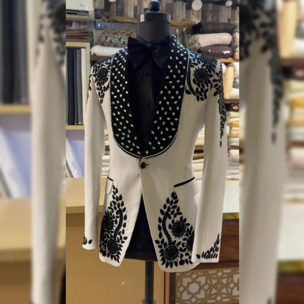 Elegant Black and White Floral Embroidered Tuxedo Set for Men with Crystal Beaded Lapel - 3-Piece Groom's Attire
