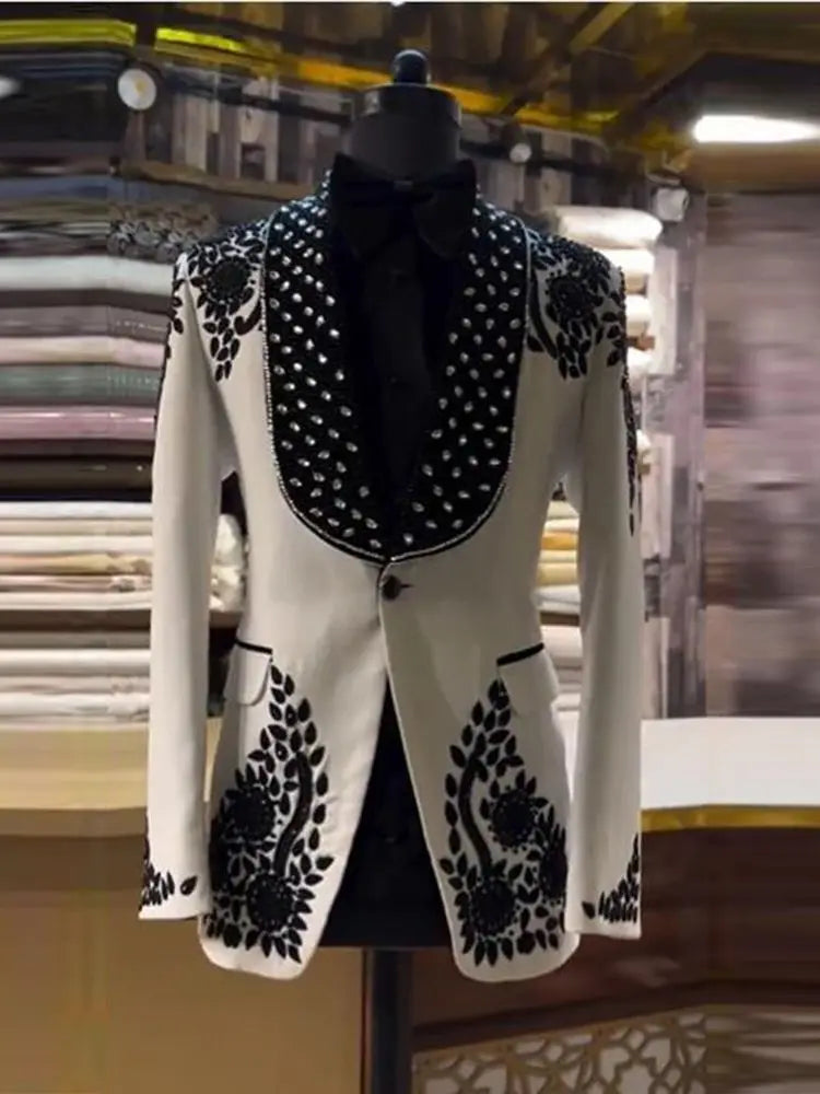 Elegant Black and White Floral Embroidered Tuxedo Set for Men with Crystal Beaded Lapel - 3-Piece Groom's Attire