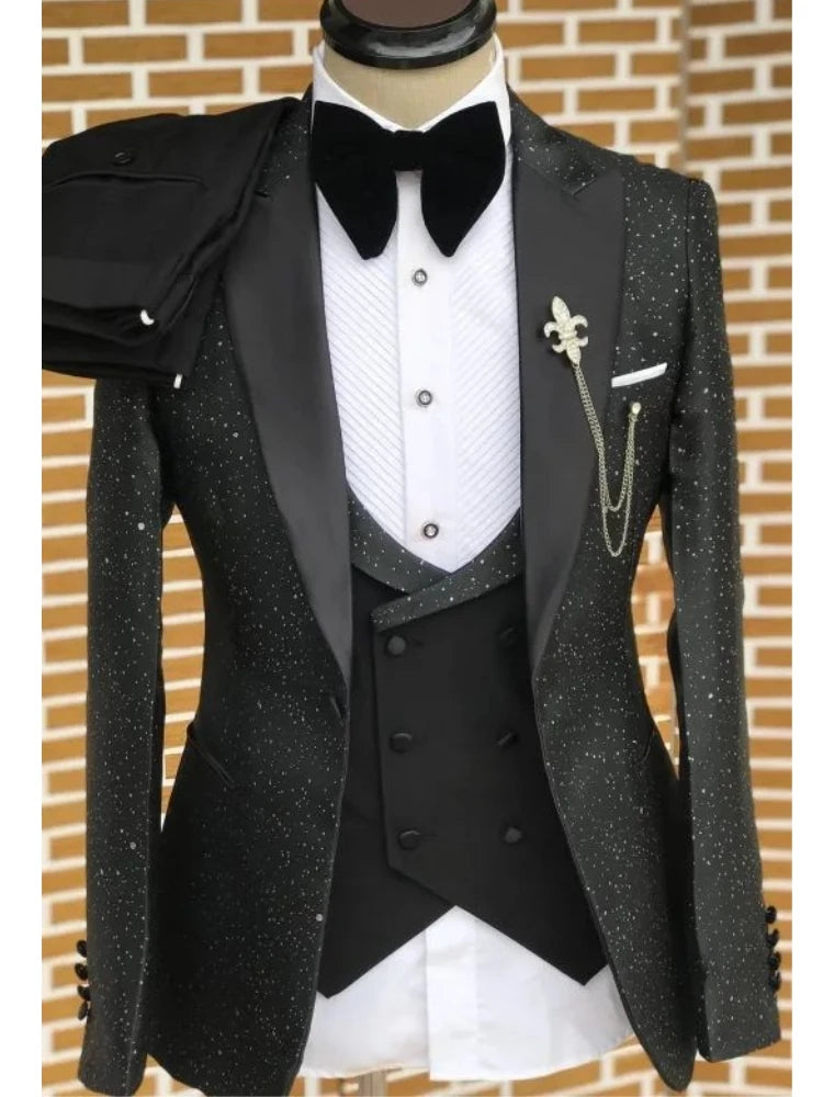Trajes de hombre ajustados con solapa de pico y negro brillante de 3 piezas, esmoquin masculino, conjuntos de blazer, traje de novio para boda y graduación.