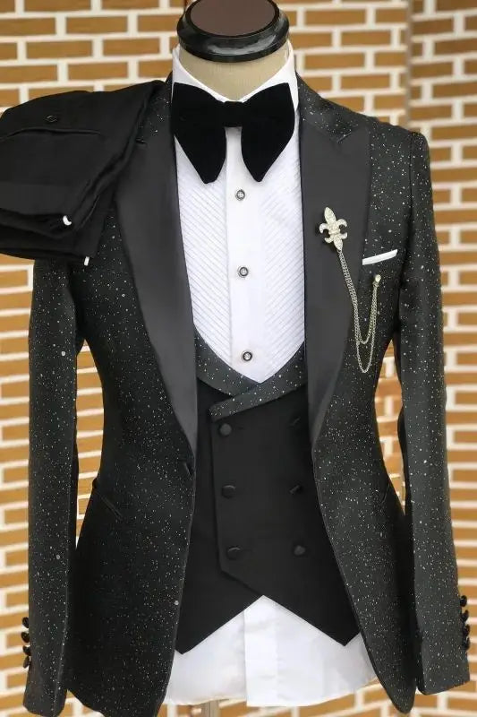 Trajes de hombre ajustados con solapa de pico y negro brillante de 3 piezas, esmoquin masculino, conjuntos de blazer, traje de novio para boda y graduación.