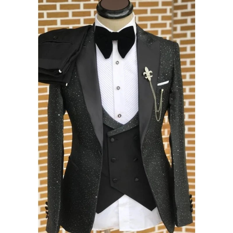 Trajes de hombre ajustados con solapa de pico y negro brillante de 3 piezas, esmoquin masculino, conjuntos de blazer, traje de novio para boda y graduación.
