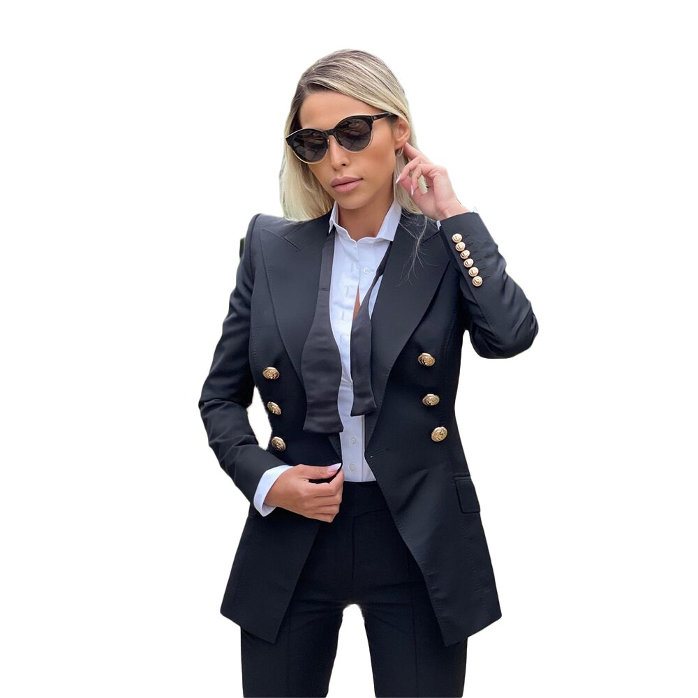 Traje de pantalón negro ajustado de 2 piezas para mujer, con botones dorados, estilo urbano, para boda, para madre de la novia, fiesta de noche, ropa formal. 