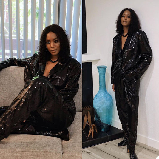 Black Sparkly Sequins Women Suits Smart Bridal Party Prom Tuxedos Blazer Outfit Suit(Jacket+Pants)