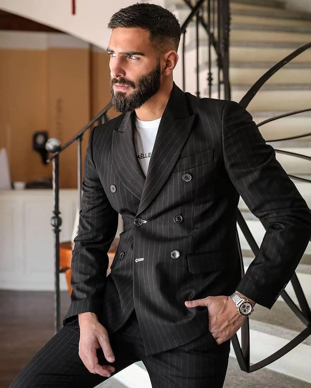 Black Stripe Blazer Sets Wedding Suits For Men Slim Double Breasted Custom Tuxedo Business Dress 2 Pieces (Jacket+Pants)