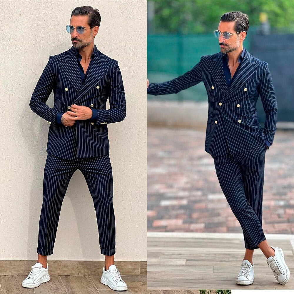 Costume classique à rayures noires pour homme, croisé, deux pièces, veste et pantalon, sur mesure, de créateur, pour occasion formelle 