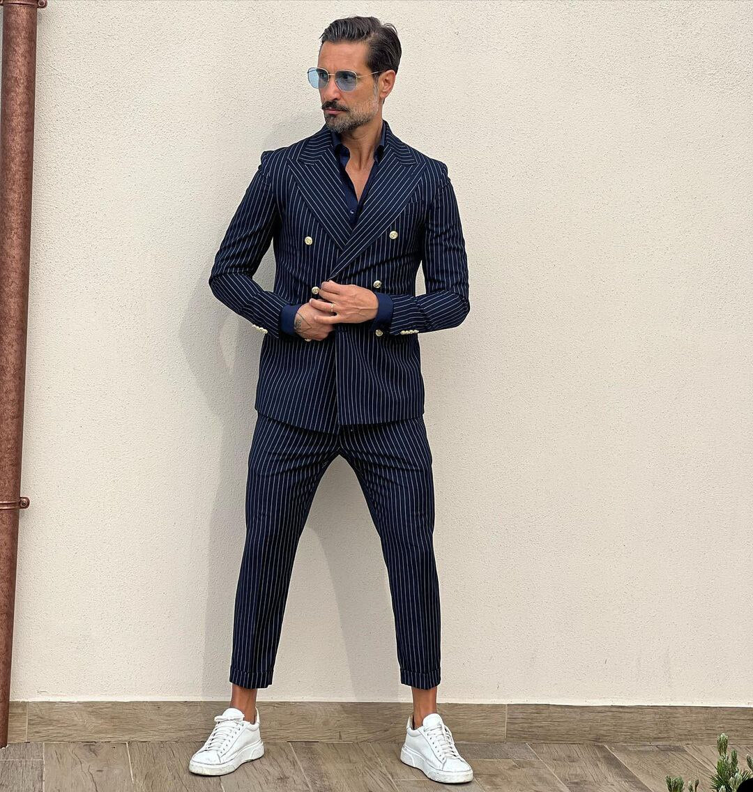 Costume classique à rayures noires pour homme, croisé, deux pièces, veste et pantalon, sur mesure, de créateur, pour occasion formelle 