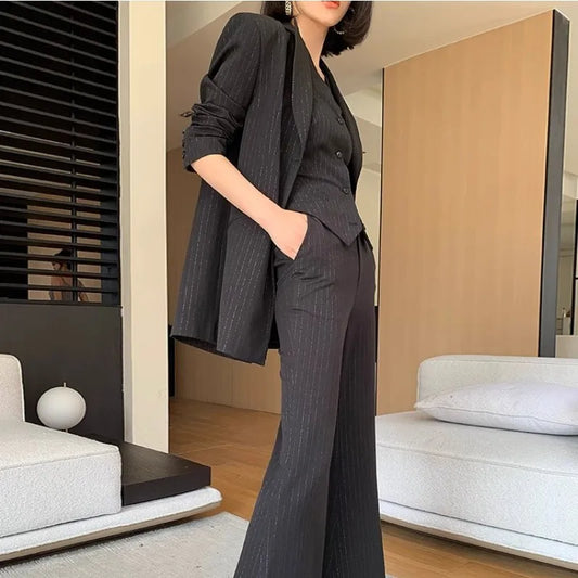 Chic Women's Black Pinstripe Suit Set - Elegant Haute Couture Jacket and Vest for Spring & Autumn Style