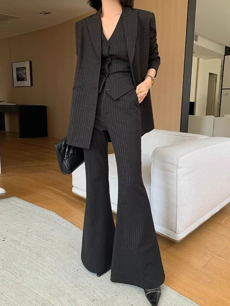 Chic Women's Black Pinstripe Suit Set - Elegant Haute Couture Jacket and Vest for Spring & Autumn Style