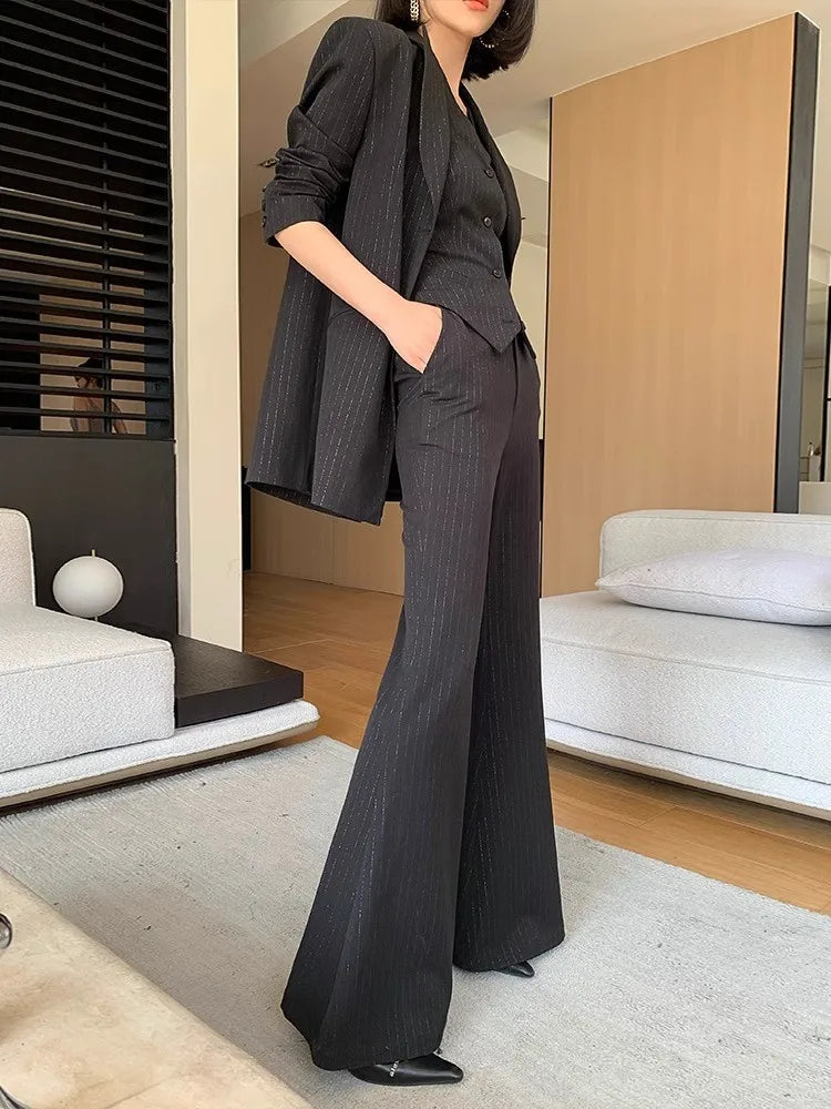 Chic Women's Black Pinstripe Suit Set - Elegant Haute Couture Jacket and Vest for Spring & Autumn Style