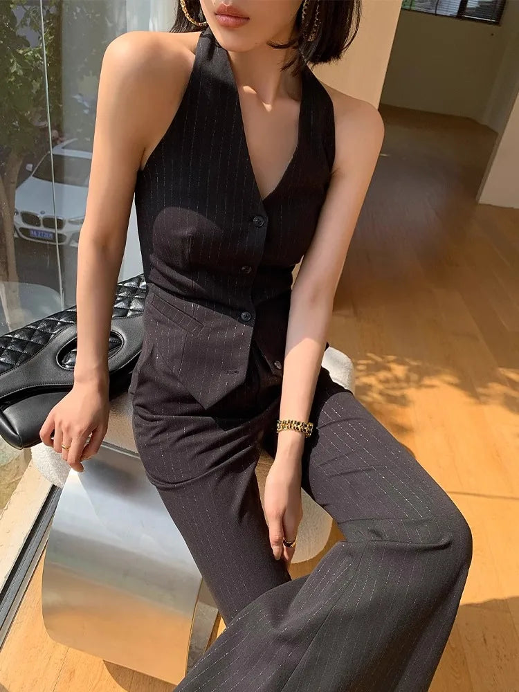 Chic Women's Black Pinstripe Suit Set - Elegant Haute Couture Jacket and Vest for Spring & Autumn Style