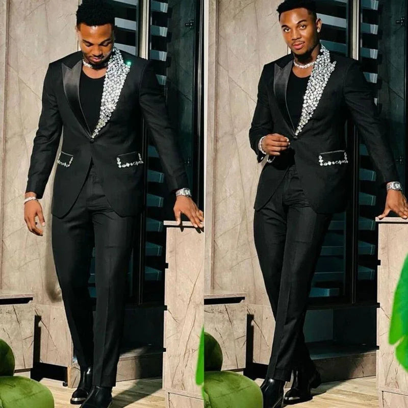 Black Suits for Men Slim Fit Single Breasted Peak Lapel Blazer Crystal Prom Party 2 Piece Jacket Pants Sets Terno