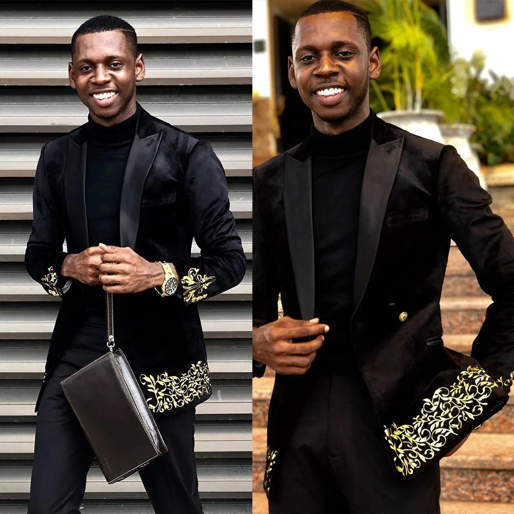 Black Unique Business Men Suits With Applique One Pieces Jacket Custom Made Designer Wedding Party Formal Occasion