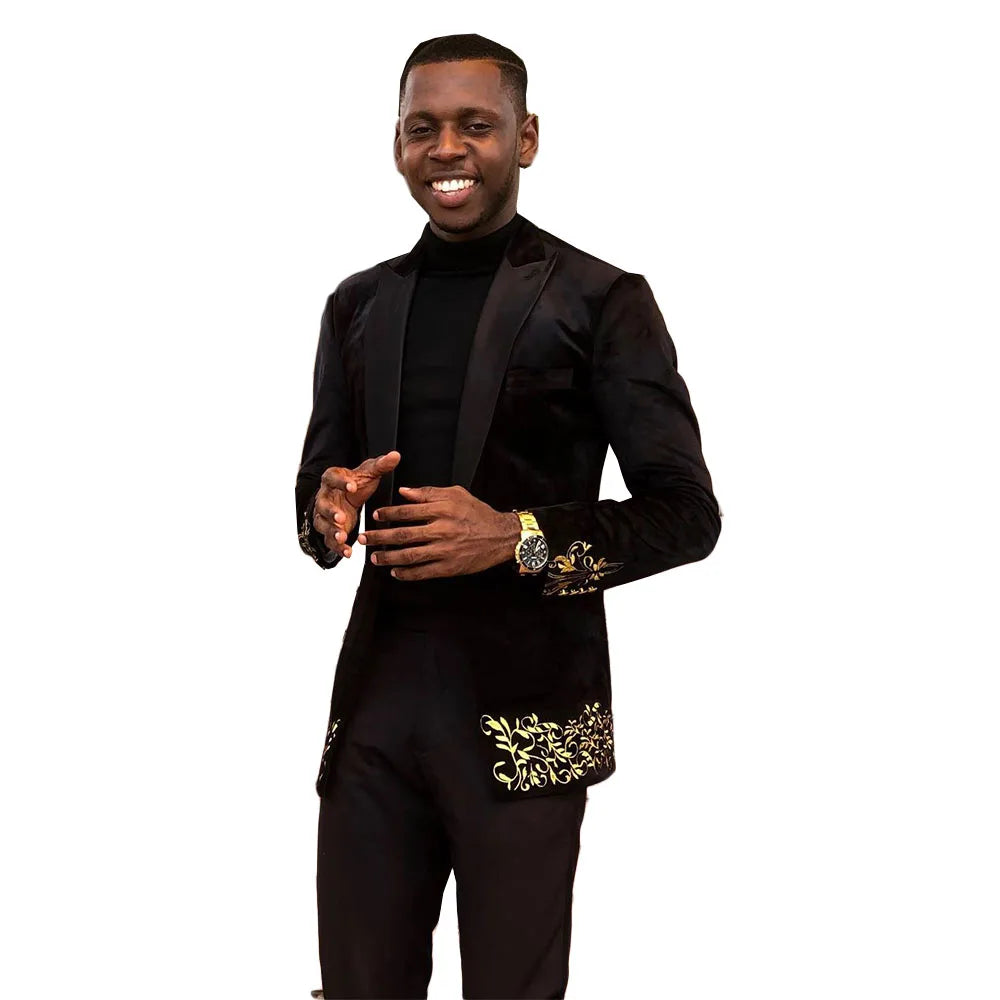 Black Unique Business Men Suits With Applique One Pieces Jacket Custom Made Designer Wedding Party Formal Occasion