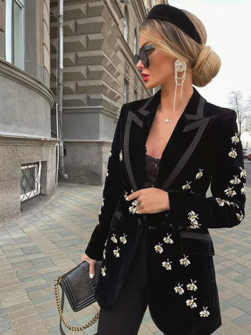Black Velvet Blazer WomenDiamond Studded Pearl Bee Jacket for Party Wedding Wear Slim Fit Bee Diamond Studded Velvet Suits Coat