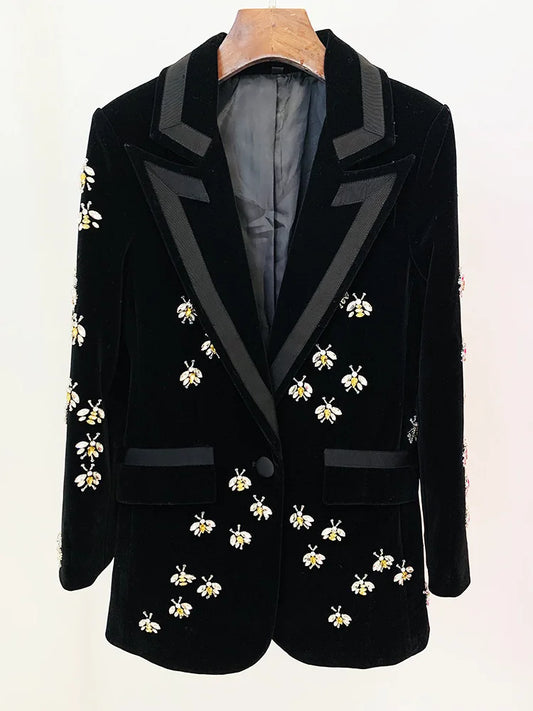 Black Velvet Blazer WomenDiamond Studded Pearl Bee Jacket for Party Wedding Wear Slim Fit Bee Diamond Studded Velvet Suits Coat