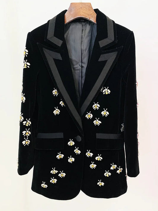 Elegant Black Velvet Blazer with Pearl and Diamond Bee Embellishments for Women - Perfect for Parties and Weddings, Slim Fit Stylish Jacket